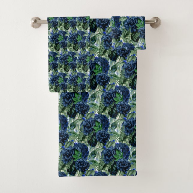 SERVIETTES DE SALLE DE BAINS EN FLEURS BLEUES VERT (En situation)