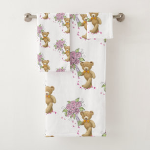 Serviettes De Salle De Bains Set Ours En Fleur Ros