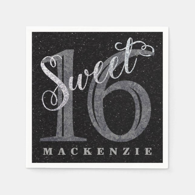Serviettes En Papier 16e Gris de charbon | Sweet 16 Parties scintillant (Devant)