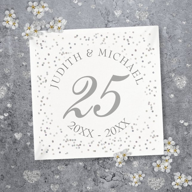 Serviettes En Papier 25e anniversaire Mariage de la fécule d'argent Con (25th Wedding Anniversary Silver Stardust Confetti Paper Napkins)