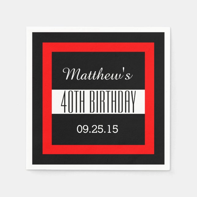 Serviettes En Papier 40e anniversaire Noir avec cadre rouge personnalis (Devant)