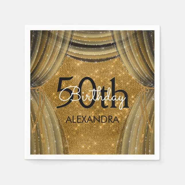 Serviettes En Papier 50e fête d'anniversaire Black and Gold Sparkle (Devant)