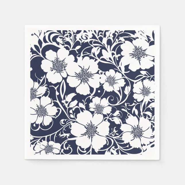 Serviettes en papier à fleurs bleu marine  (Devant)