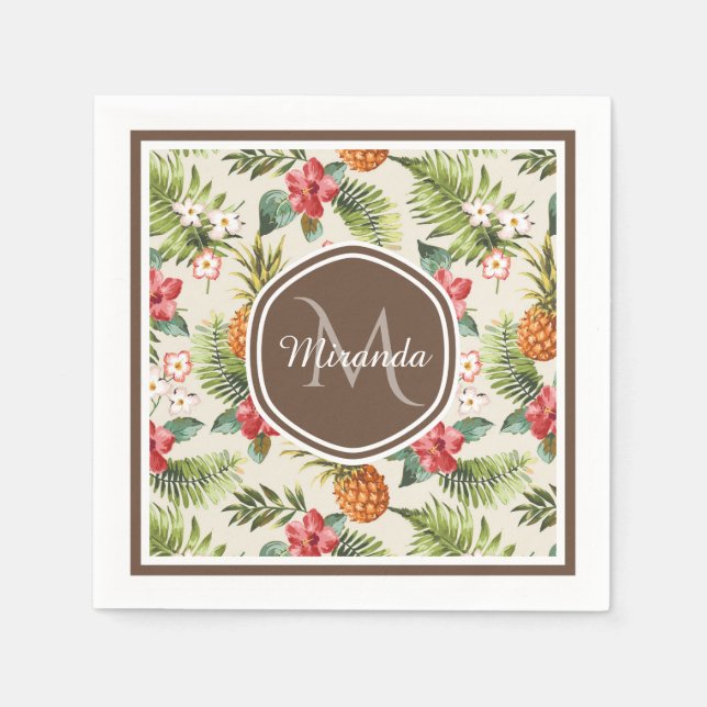 Serviettes En Papier Ananas tropicale exotique Floral Monogramme Brown (Devant)