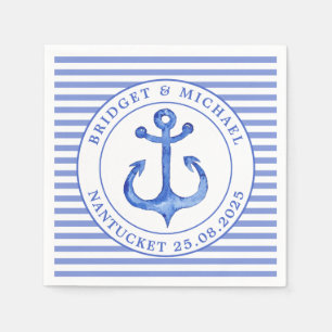 Serviettes En Papier Ancre nautique Bleu rayé Mariage personnalisé