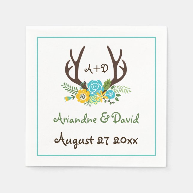 Serviettes En Papier Antlers et fleurs mariage de monogramme de bois (Devant)