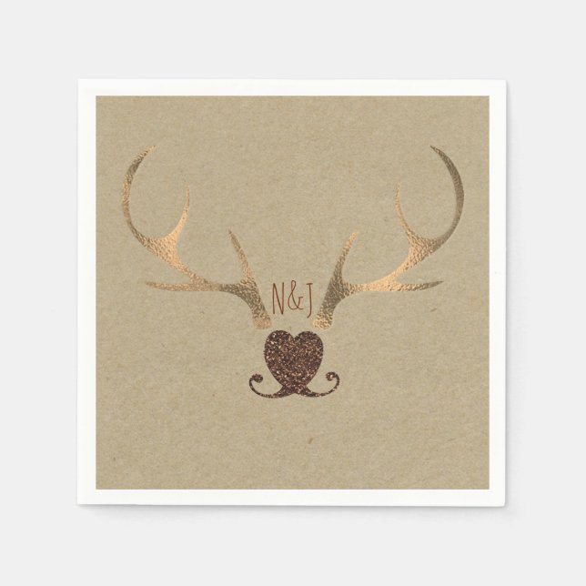 Serviettes En Papier Antlers or et Mariage Brown papier rustique (Devant)