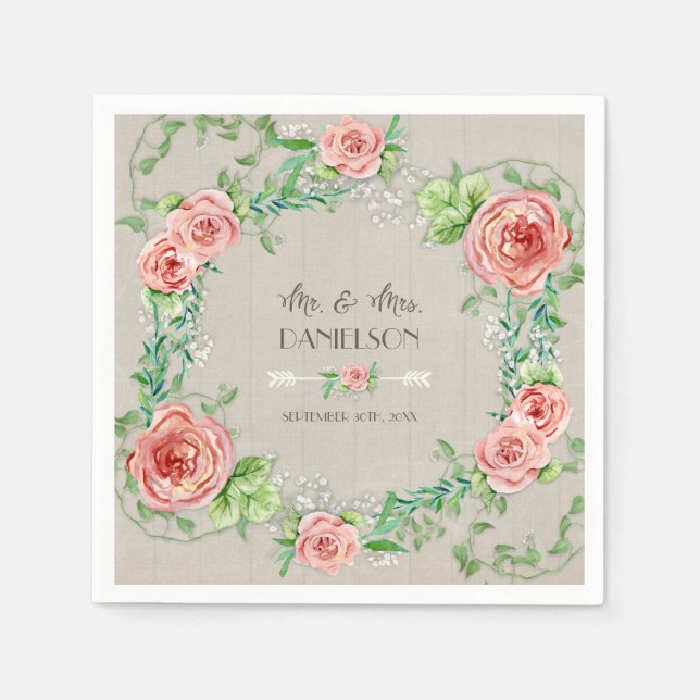 Serviettes En Papier Aquarelle Blush Rose Floral Wreath Rustique Élégan (Devant)