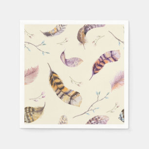 Serviettes En Papier Aquarelle Boho Nature Plumes rustiques