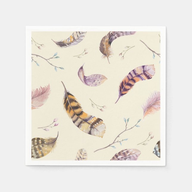 Serviettes En Papier Aquarelle Boho Nature Plumes rustiques (Devant)
