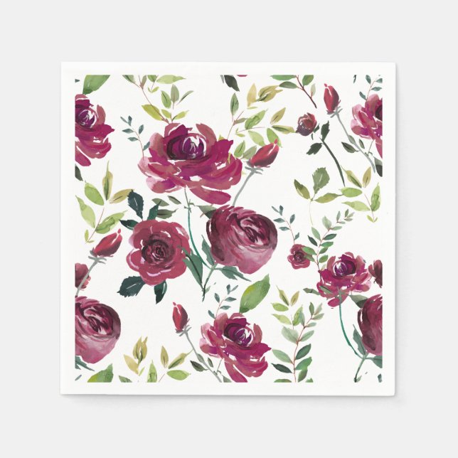Serviettes En Papier Aquarelle Bourgogne | Modèle floral (Devant)