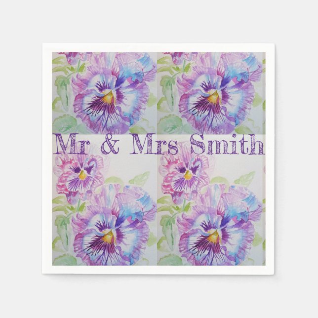 Serviettes en papier aquarelle Violet Pansy Shabby (Devant)