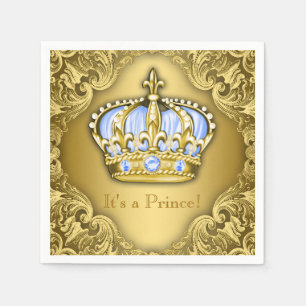 Serviettes En Papier Baby Blue et Couronne Dorée Baby Shower