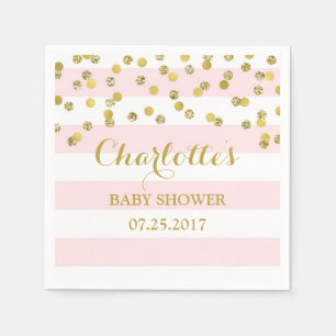 Serviettes En Papier Baby shower Confetti Gold à rayures roses
