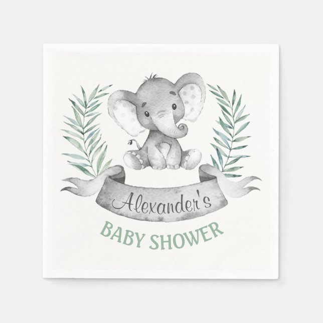 Serviettes En Papier Baby shower d'éléphant aquarelle (Devant)