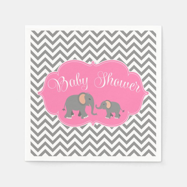 Serviettes En Papier Baby shower moderne Elephant Chevron rose Grey (Devant)
