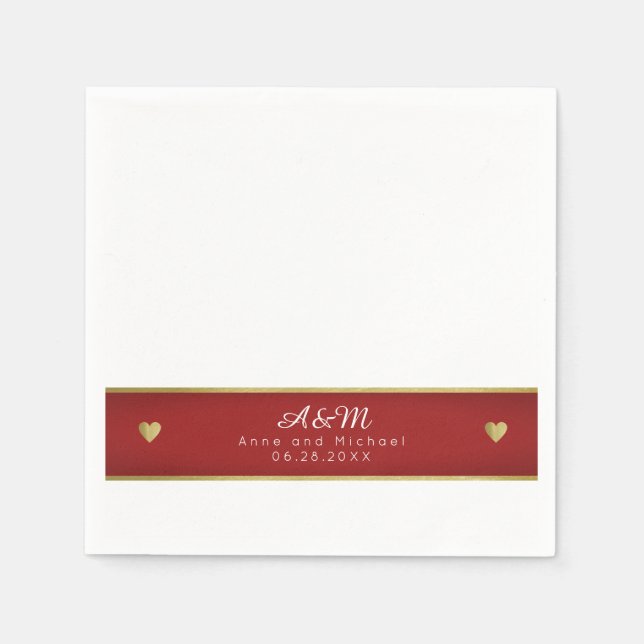 Serviettes En Papier Bande rouge monogramme chic sur mariage blanc (Devant)