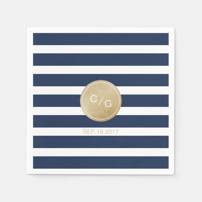 Serviettes En Papier Bandes bleu marine simple mariage moderne monogram (Devant)