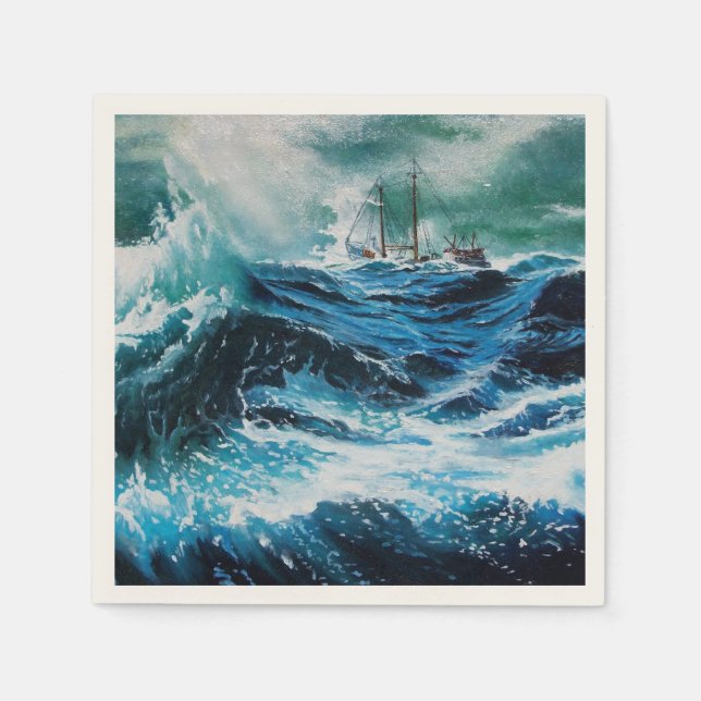 Serviettes En Papier Bateau dans la mer dans la tempête (Devant)