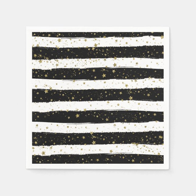 Serviettes En Papier Black White Aquarelle rayures Gold Parties scintil (Devant)