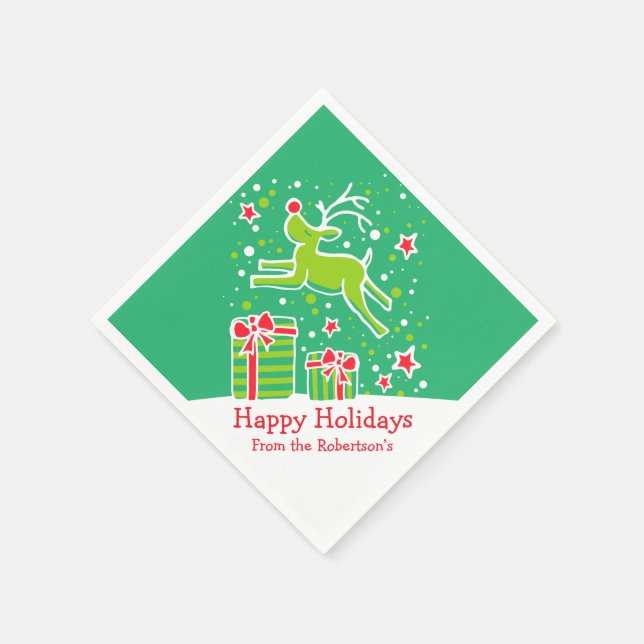 Serviettes en papier blanc rouge vert renne de Noë (Coin)
