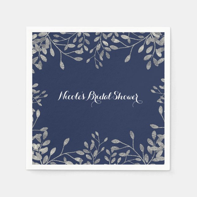Serviettes En Papier Bleu & Argent Botanique Moderne Mariage élégant (Devant)