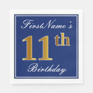 Serviettes En Papier Bleu Élégant, 11e anniversaire de Faux Gold; Nom p