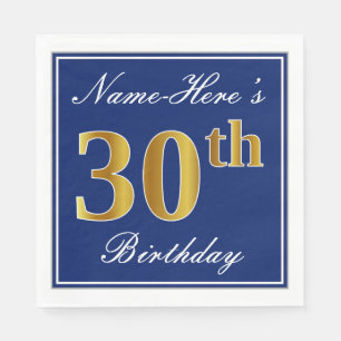 Serviettes En Papier Bleu élégant, Faux Gold 30e anniversaire; Nom pers