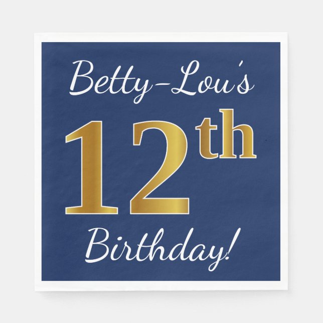 Serviettes En Papier Blue, Faux Gold 12e anniversaire + Nom personnalis (Devant)
