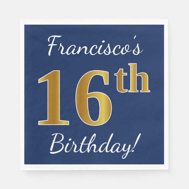 Serviettes En Papier Blue, Faux Gold 16e anniversaire + Nom personnalis (Devant)