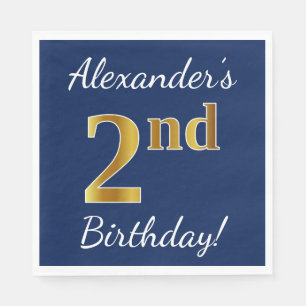 Serviettes En Papier Blue, Faux Gold 2e anniversaire + Nom personnalisé
