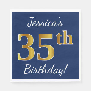 Serviettes En Papier Blue, Faux Gold 35e anniversaire + Nom personnalis