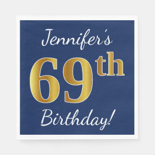 Serviettes En Papier Blue, Faux Gold 69e anniversaire + Nom personnalis