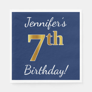 Serviettes En Papier Blue, Faux Gold 7e anniversaire + Nom personnalisé