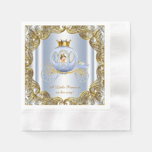 Serviettes En Papier Blue Gold Prince Carriage Baby shower (Devant)