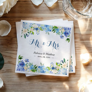 Serviettes En Papier Blue Hydrangea Aquarelle Floral Mr & Mrs Mariage