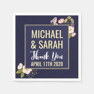 Serviettes En Papier Blush Floral Gold Frame Marine Blue Custom Wedding
