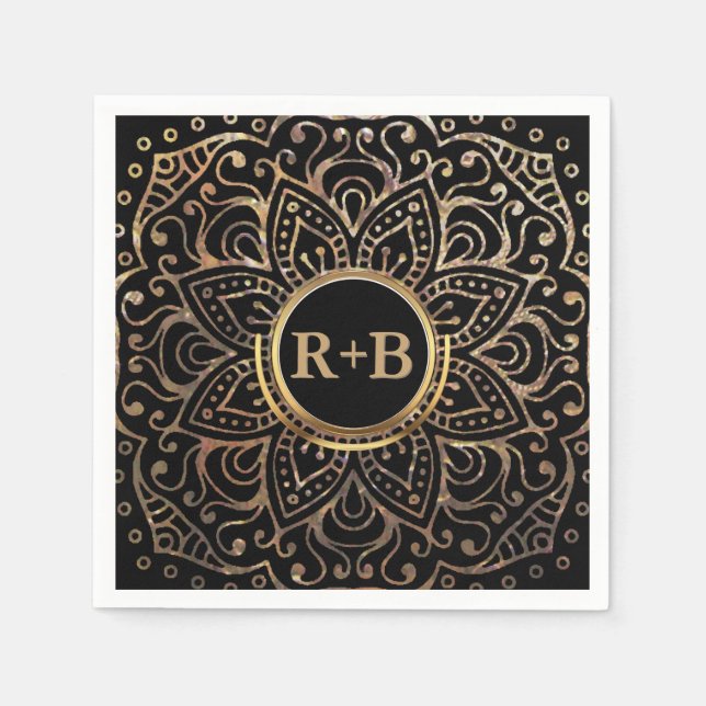 Serviettes En Papier Boho Black Gold Foil Mandala Mariage Monogramme (Devant)