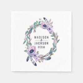 Serviettes En Papier Boho Feather & Floral Wreath Mariage Monogramme