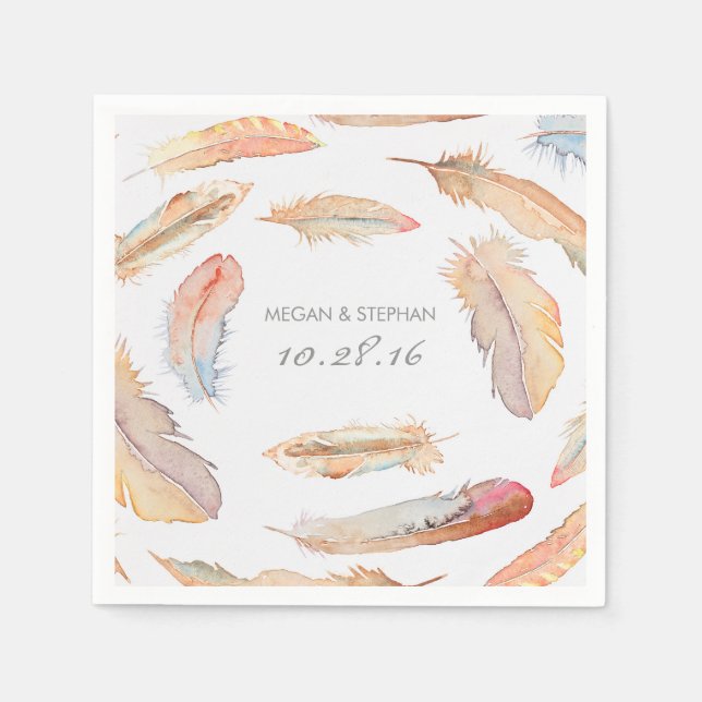 Serviettes En Papier Boho Feather Watercolor Mariage (Devant)