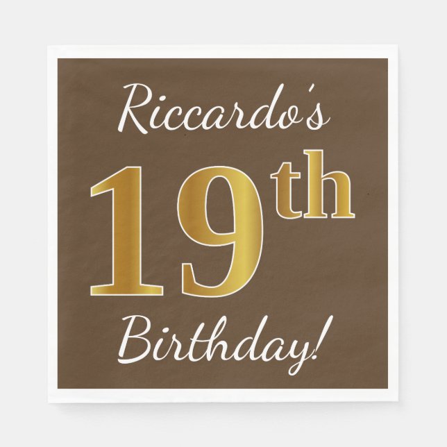 Serviettes En Papier Brown, Faux Gold 19e anniversaire + Nom personnali (Devant)