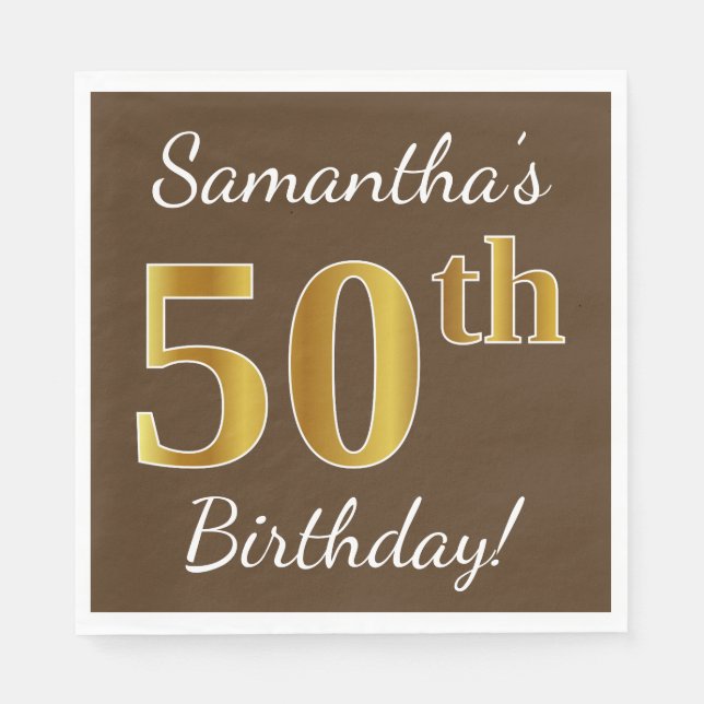Serviettes En Papier Brown, Faux Gold 50e anniversaire + Nom personnali (Devant)