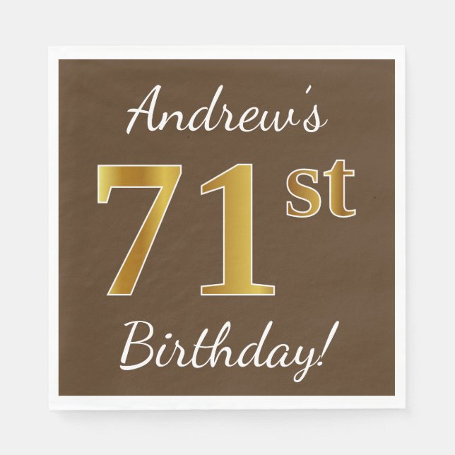Serviettes En Papier Brown, Faux Gold 71e anniversaire + Nom personnali (Devant)