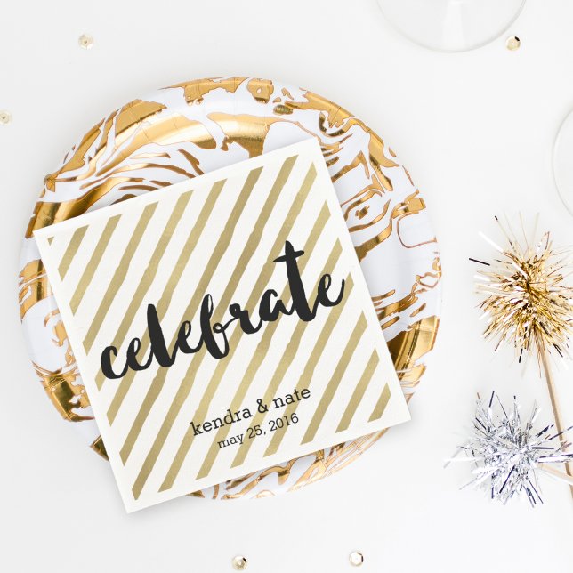 Serviettes En Papier Célébrer | Faux Gold Stripe Mariage Anniversaire (Créateur téléchargé)
