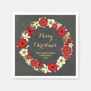 Serviettes En Papier Chalboard Rouge Floral Wreath Christmas Napkin