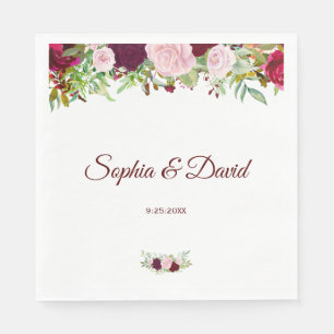 Serviettes En Papier Charme Rustique Bourgogne Marsala Floral Mariage