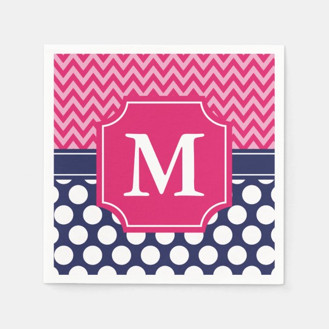 Serviettes En Papier Chaud rose et marine Chevron Zigzag Pois Monogramm (Devant)