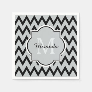 Serviettes En Papier Chevron Zigzag Nom et Monogramme de Black Grey ten