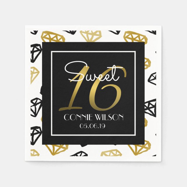 Serviettes En Papier Chic Black & Gold Diamond 16e anniversaire personn (Devant)