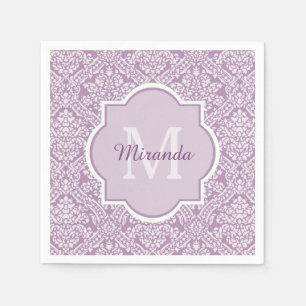 Serviettes En Papier Chic Lavande Purple Damask Monogramme Avec Nom